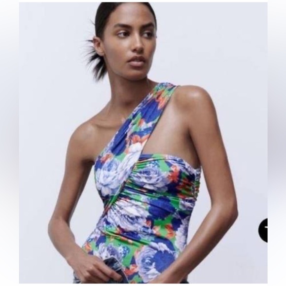 Zara Tops - ZARA NWT BLUE MULTI FLORAL ASYMMETRICAL BODYSUIT